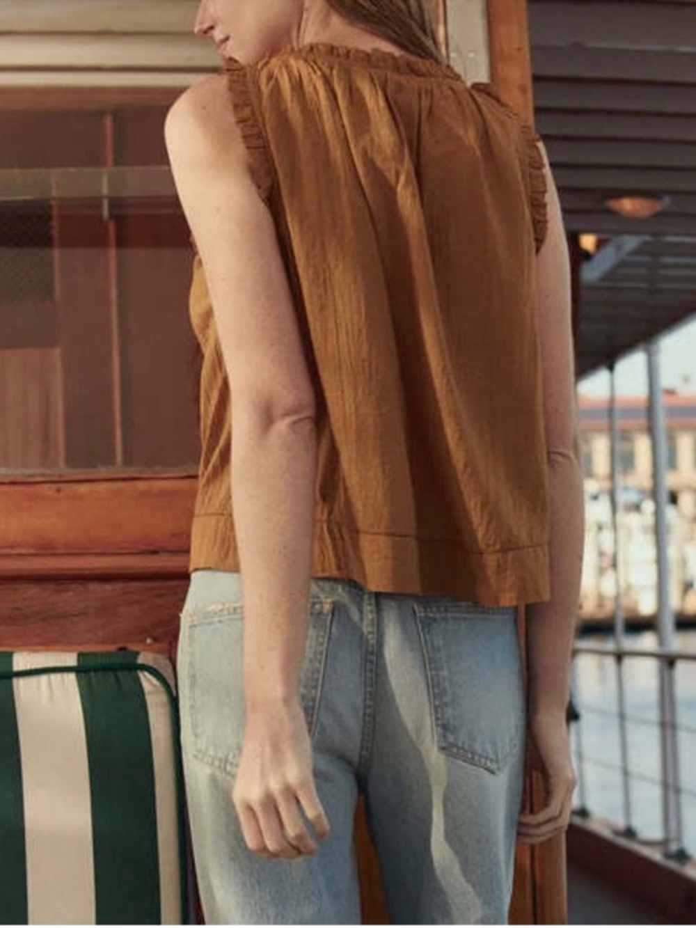 THE GREAT. Sleeveless Button-Front Ruffle Trim Top, Tank Top - Warm Caramel - Picture 5 of 12